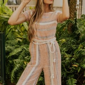 Roolee Peach and White Striped Jumpsuit with Rope Belt
